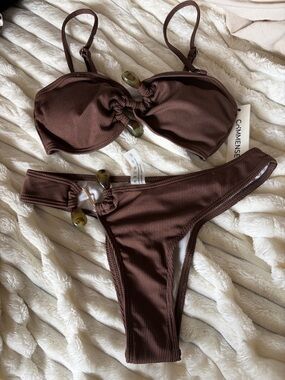 Commense Ribbed Brown Bikini Set with Bead Accents